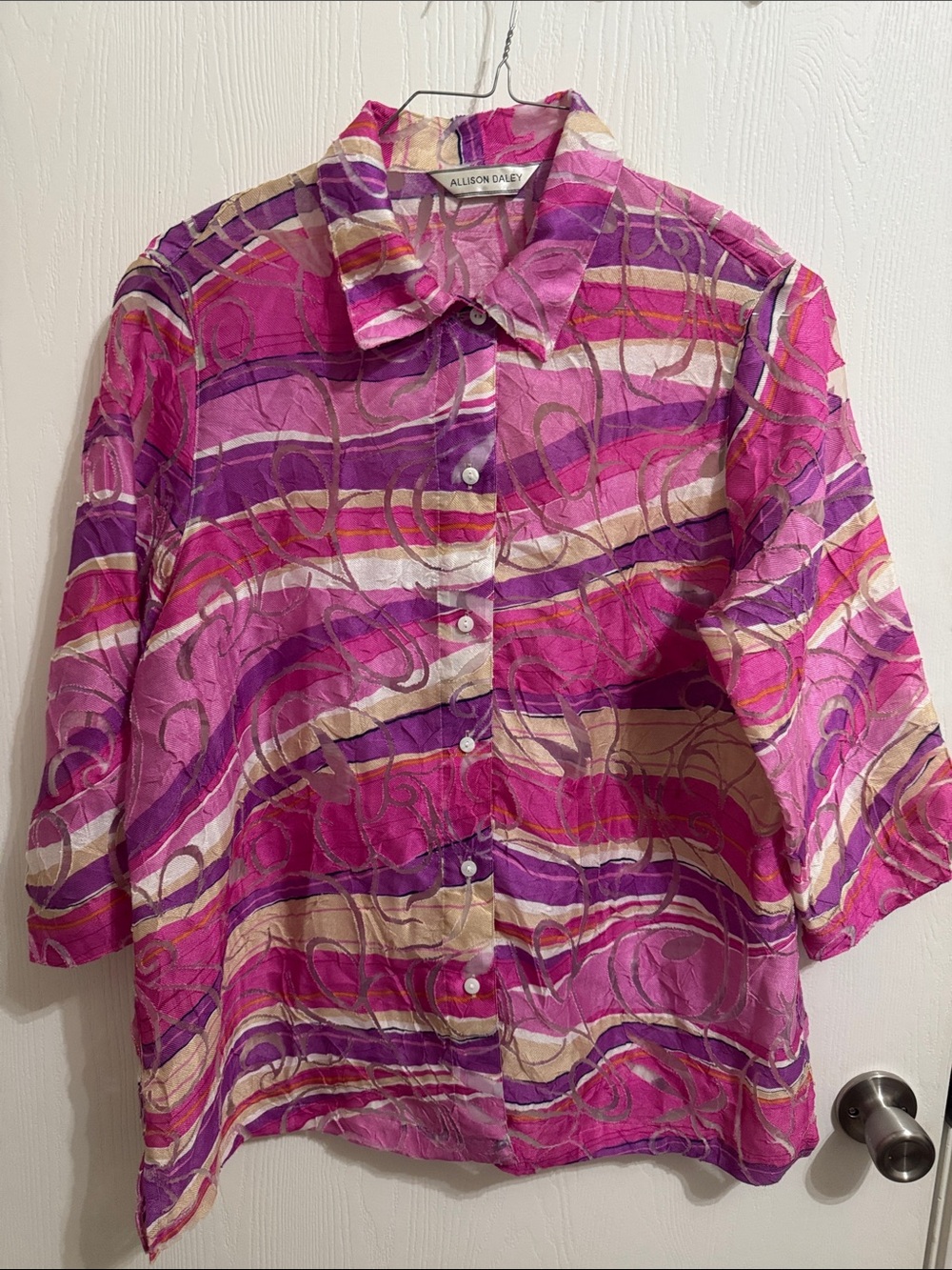 Alison Daley Colorful Button Down Sheer Abstract 3/4 Sleeve Blouse Women’s Lrg‎